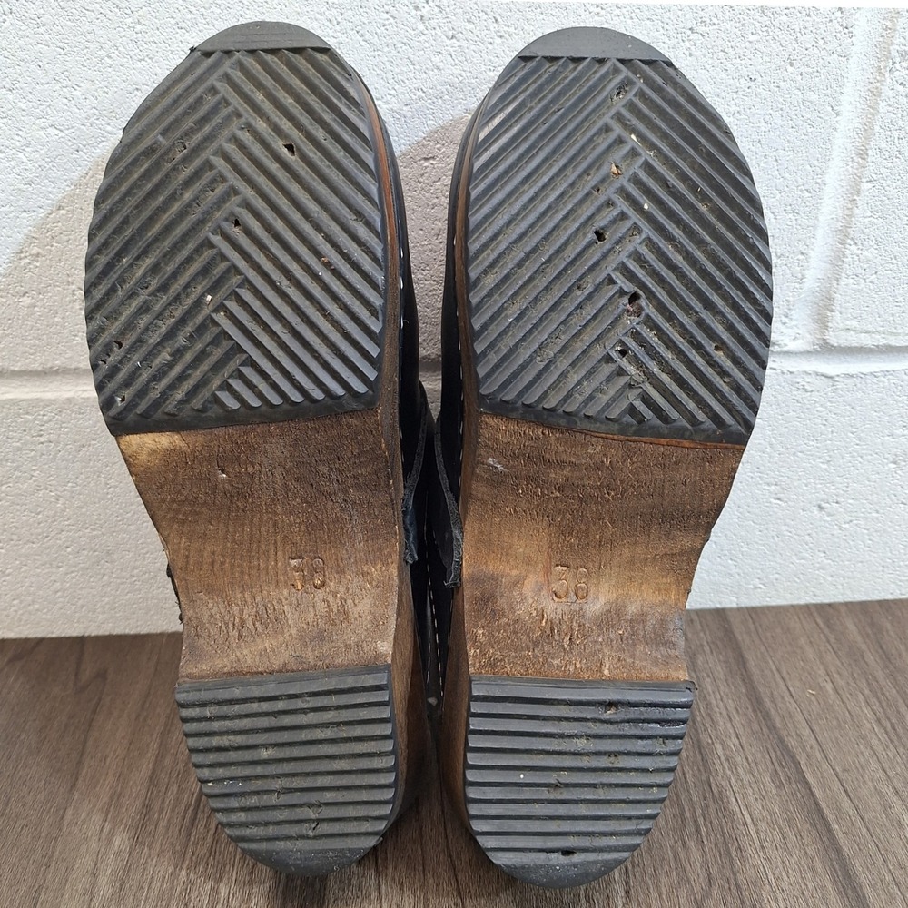 Swedish Hasbeens Black Leather Wooden Clogs Mules Size 7.5 Slip On Platform Shoe - Picture 7 of 7